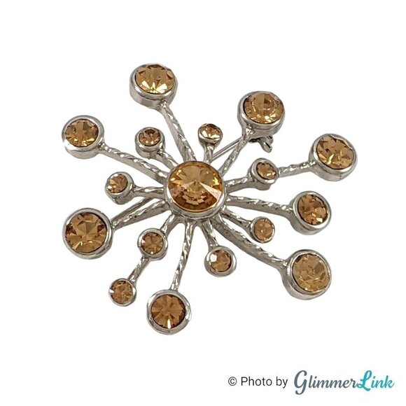 Starburst Sunburst Orange Rhinestone Silver Tone Brooch Pin - Picture 1 of 5